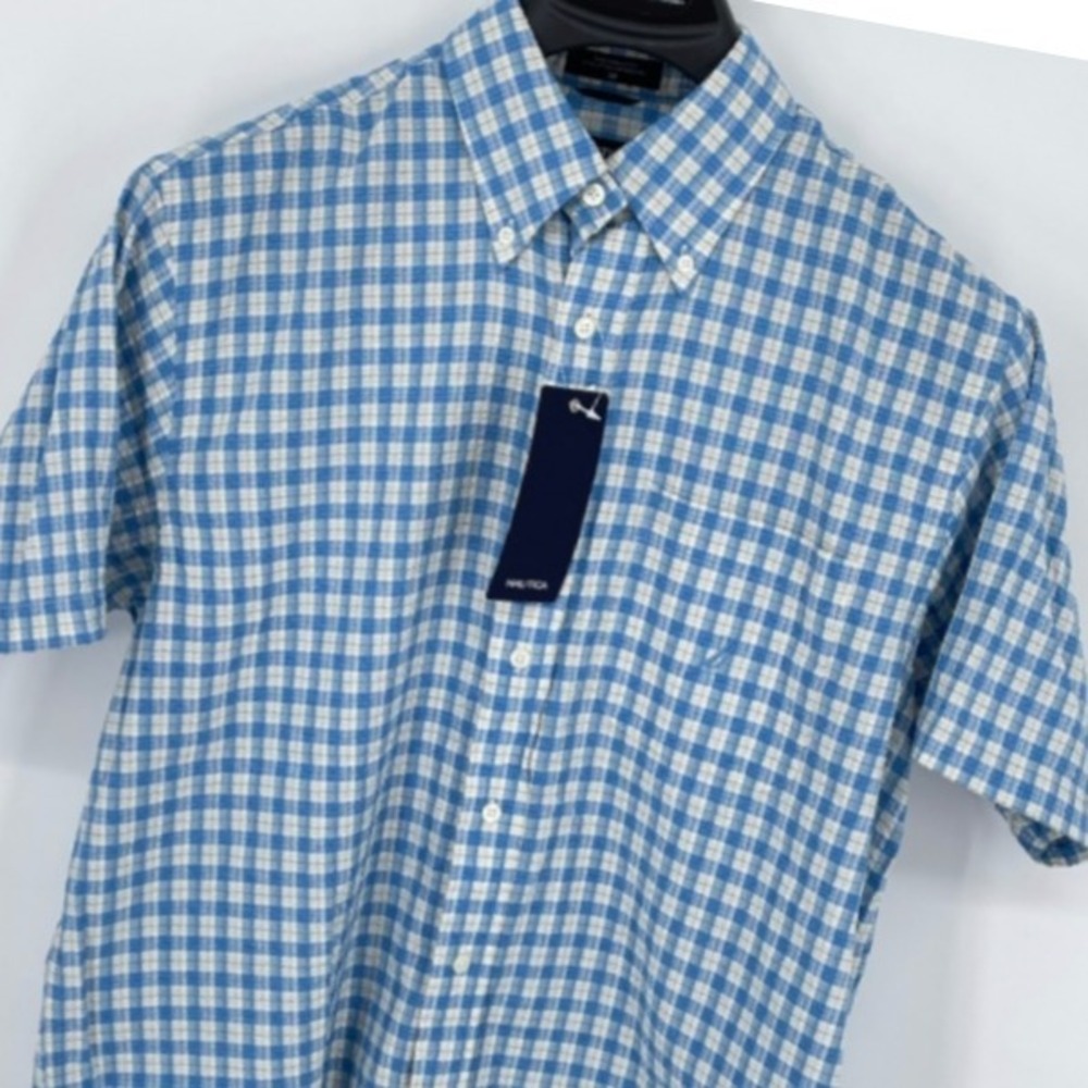 Nautica Aqua‎ Blue Plaid Short Sleeve Button Down Shirt Men's Cotton Medium